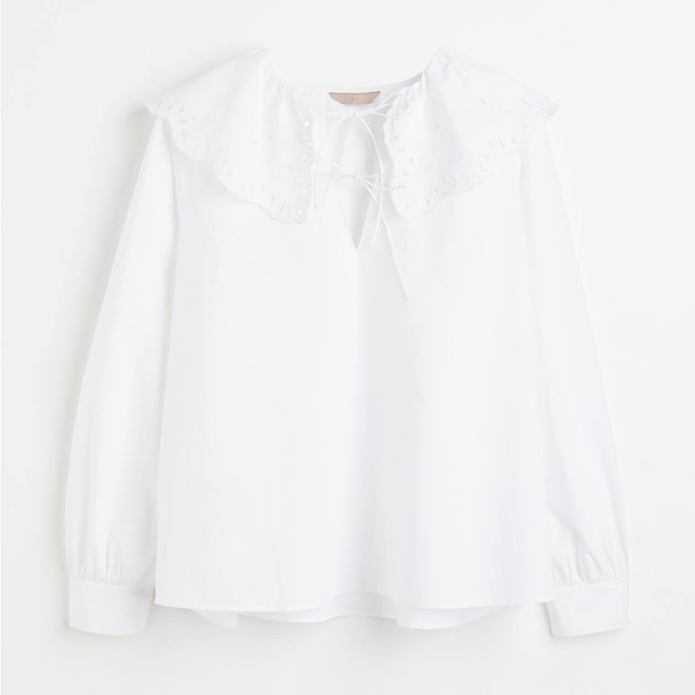 H&M Elegant White Wide Collared Ruffled Blouse
